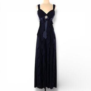 Vintage Cache Y2K Navy Blue Chiffon Empire Waist Ruffle Maxi Evening Gown 4